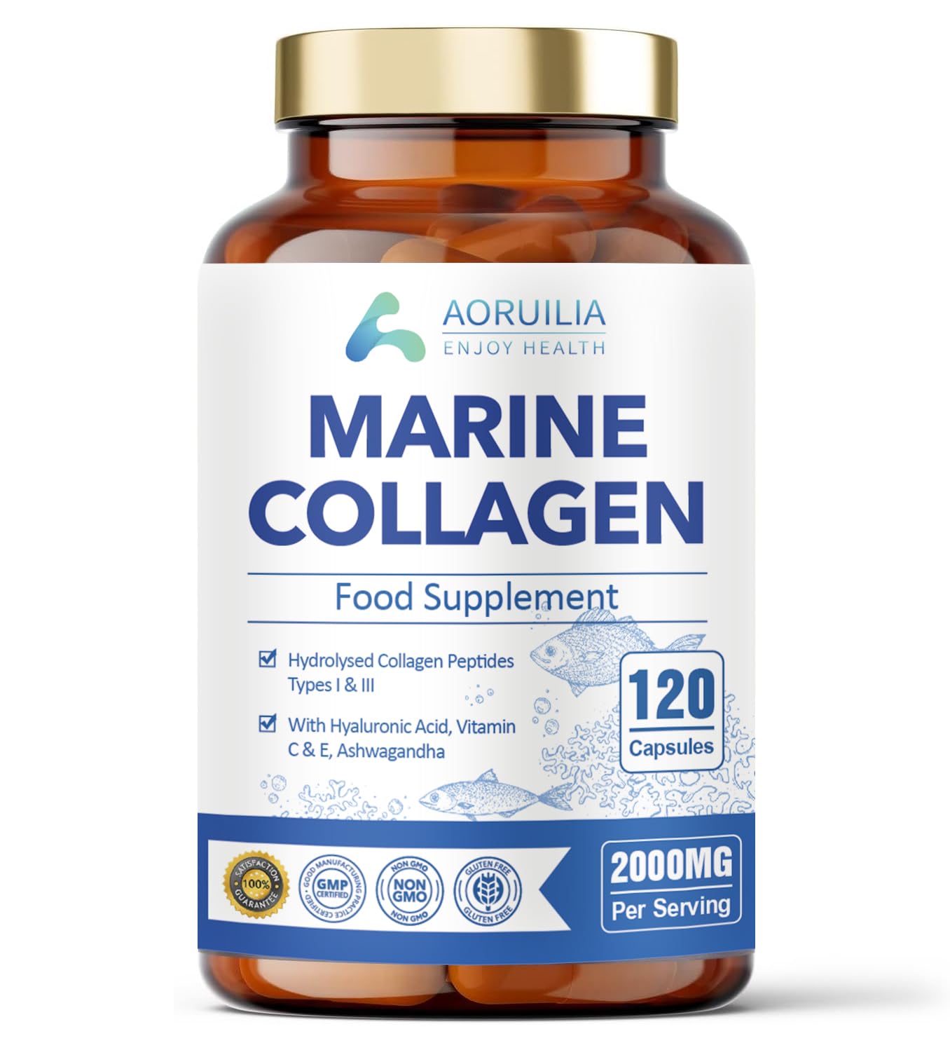 Marine Collagen Supplements for Women Men 2000mg 120 Capsules Hyaluronic Acid, Vitamin C, Vitamin E, & Ashwagandha AoruiliaAu supplements