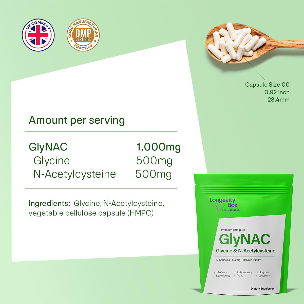 Longevity Box Ultra Pure GlyNAC Supplement 1000mg (500mg Glycine + 500mg N-Acetyl Cysteine) - Glutathione Precursor for Healthy Aging, Energy & Cellular Protection - 120 Vegan Capsules Longevity BoxAu supplements