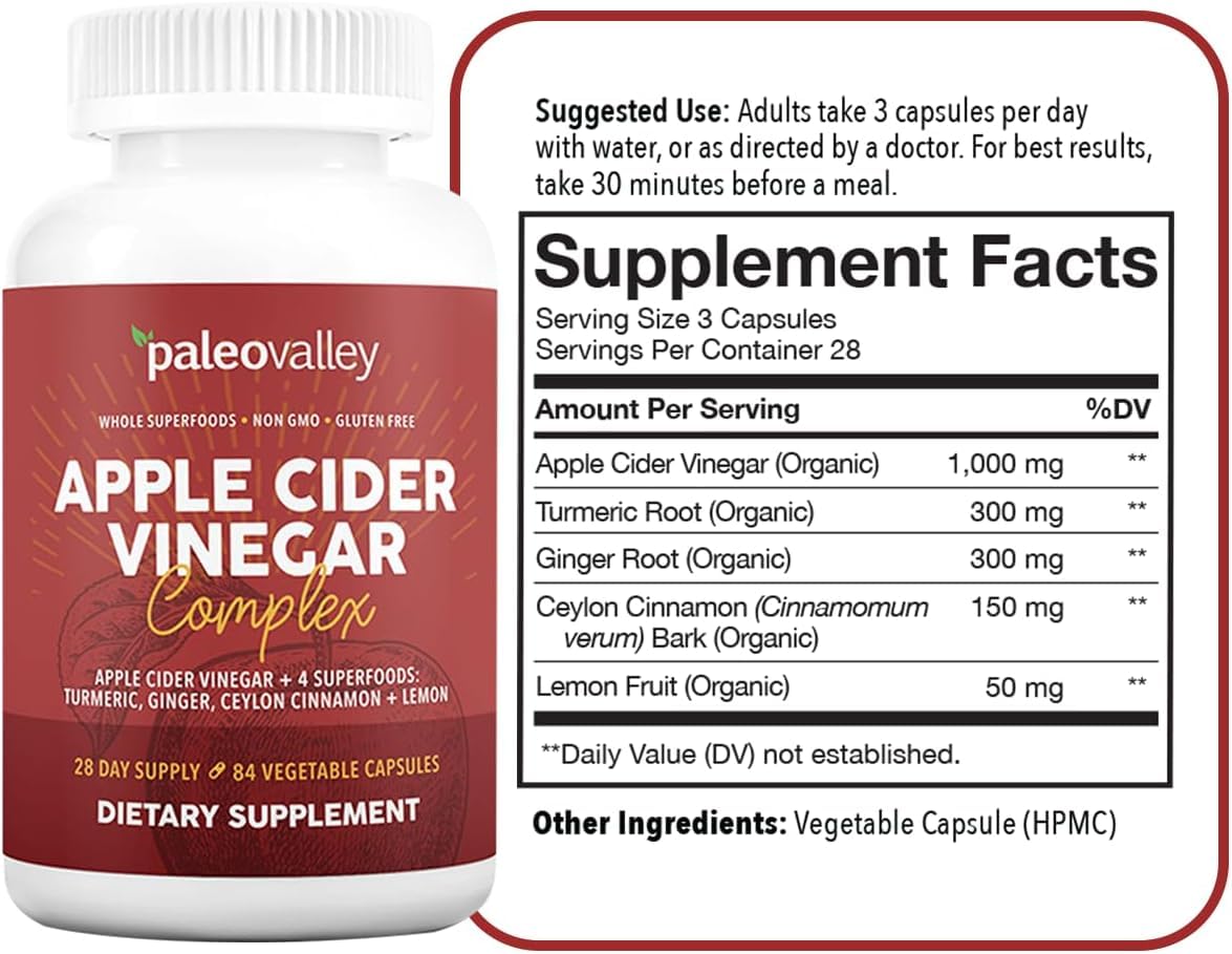 Paleovalley Apple Cider Vinegar Complex with Superfoods - Turmeric, Ginger, Ceylon Cinnamon and Lemon - 84 Vegetable Capsules PaleovalleyUS supplements