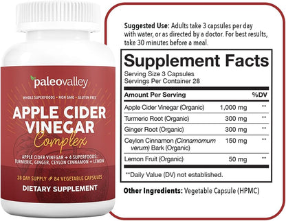 Paleovalley Apple Cider Vinegar Complex with Superfoods - Turmeric, Ginger, Ceylon Cinnamon and Lemon - 84 Vegetable Capsules PaleovalleyUS supplements