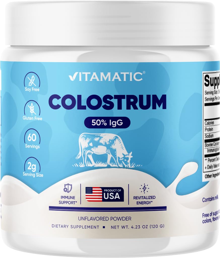 Vitamatic Bovine Colostrum Powder - 50% Highest IgG -120 Gram - Supplement for Gut Health, Hair Growth, Beauty, Muscle Recovery, & Immune Support - Easy to Mix - Unflavored - 60 Servings VitamaticAu supplements