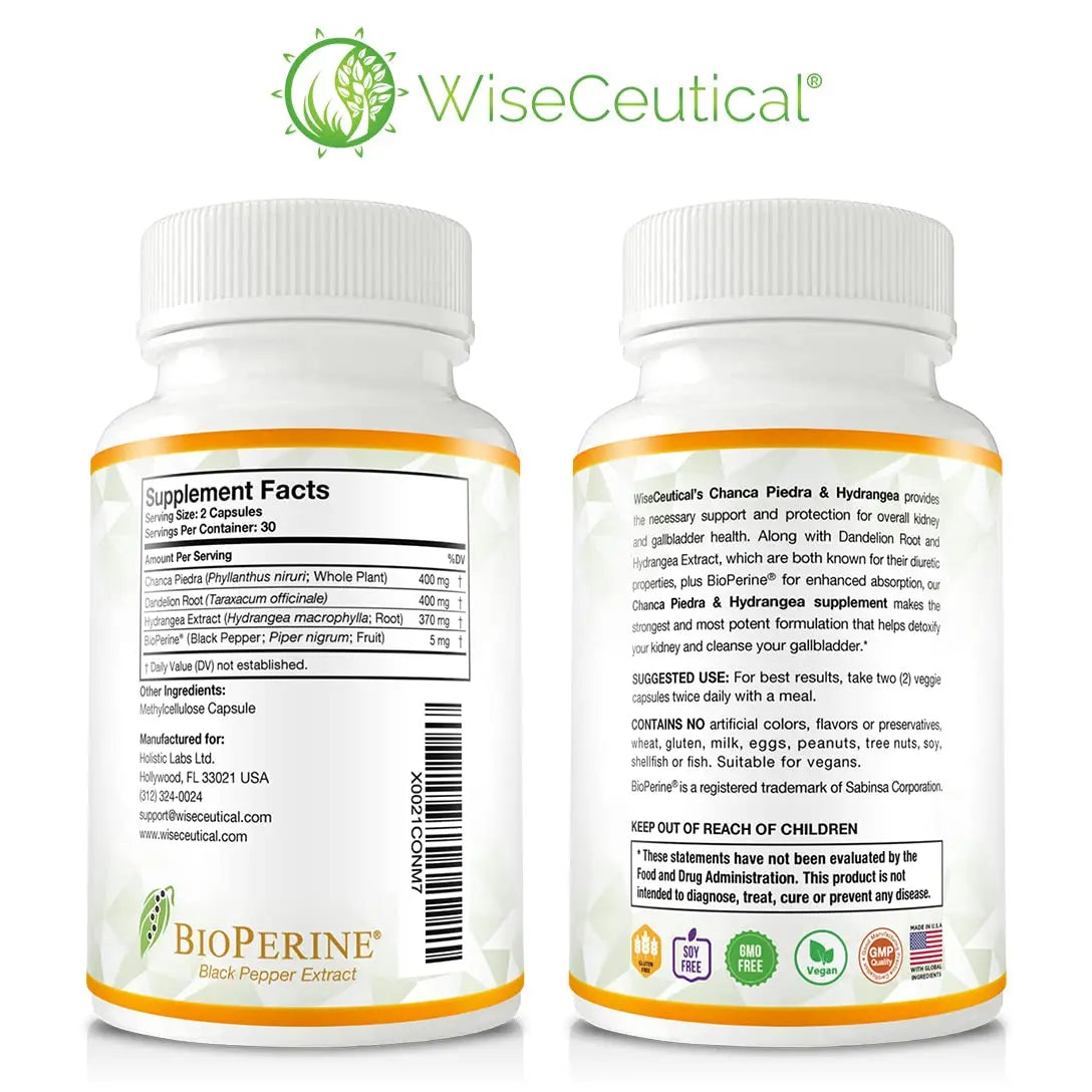 Max Strength Chanca Piedra, Hydrangea & Dandelion Root - Natural Kidney & Gallbladder Formula - Stone Breaker, Flush Impurities, Cleanse Urinary Tract - Enhanced with BioPerine. 60 Veggie Capsules. WiseceuticalAu supplements