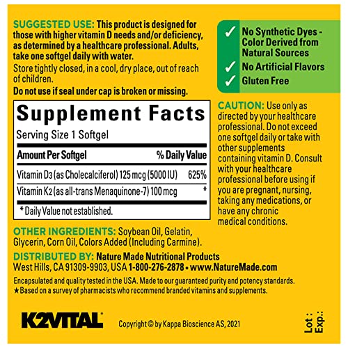Nature Made Vitamin D3 K2, 5000 IU (125 mcg) Vitamin D, Dietary Supplement for Bone Nature MadeUS supplements