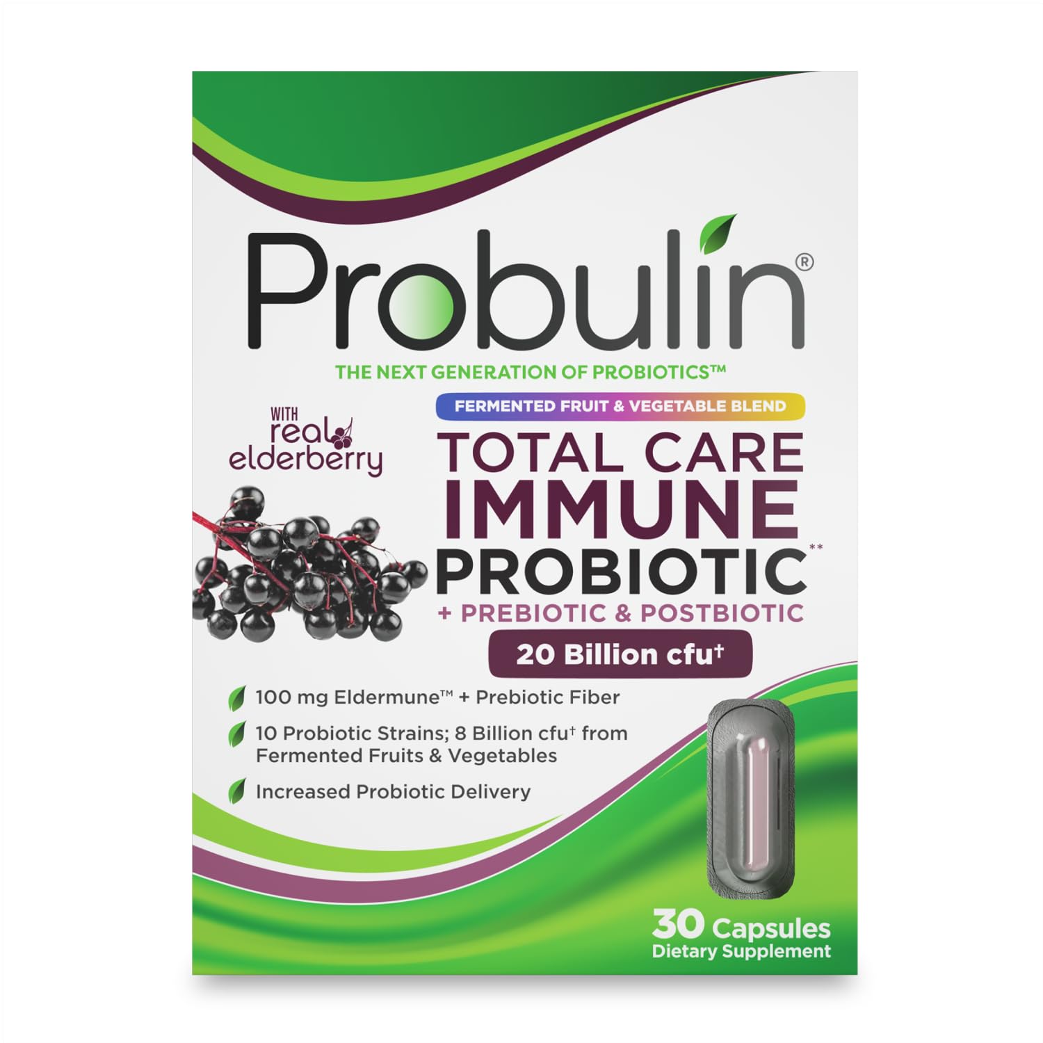 Probulin Total Care Immune = Prebiotics + Probiotics + Postbiotics + Elderberry to Support Immune & Gut Health - 20 Billion CFU - 10 Probiotic Strains, 30 Vegan Capsules ProbulinAu supplements