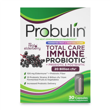 Probulin Total Care Immune = Prebiotics + Probiotics + Postbiotics + Elderberry to Support Immune & Gut Health - 20 Billion CFU - 10 Probiotic Strains, 30 Vegan Capsules ProbulinAu supplements