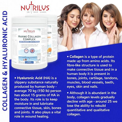 Hydrolysed Marine Collagen Powder 300g with Hyaluronic Acid and Vitamins - 29 Servings NutrilusUS supplements
