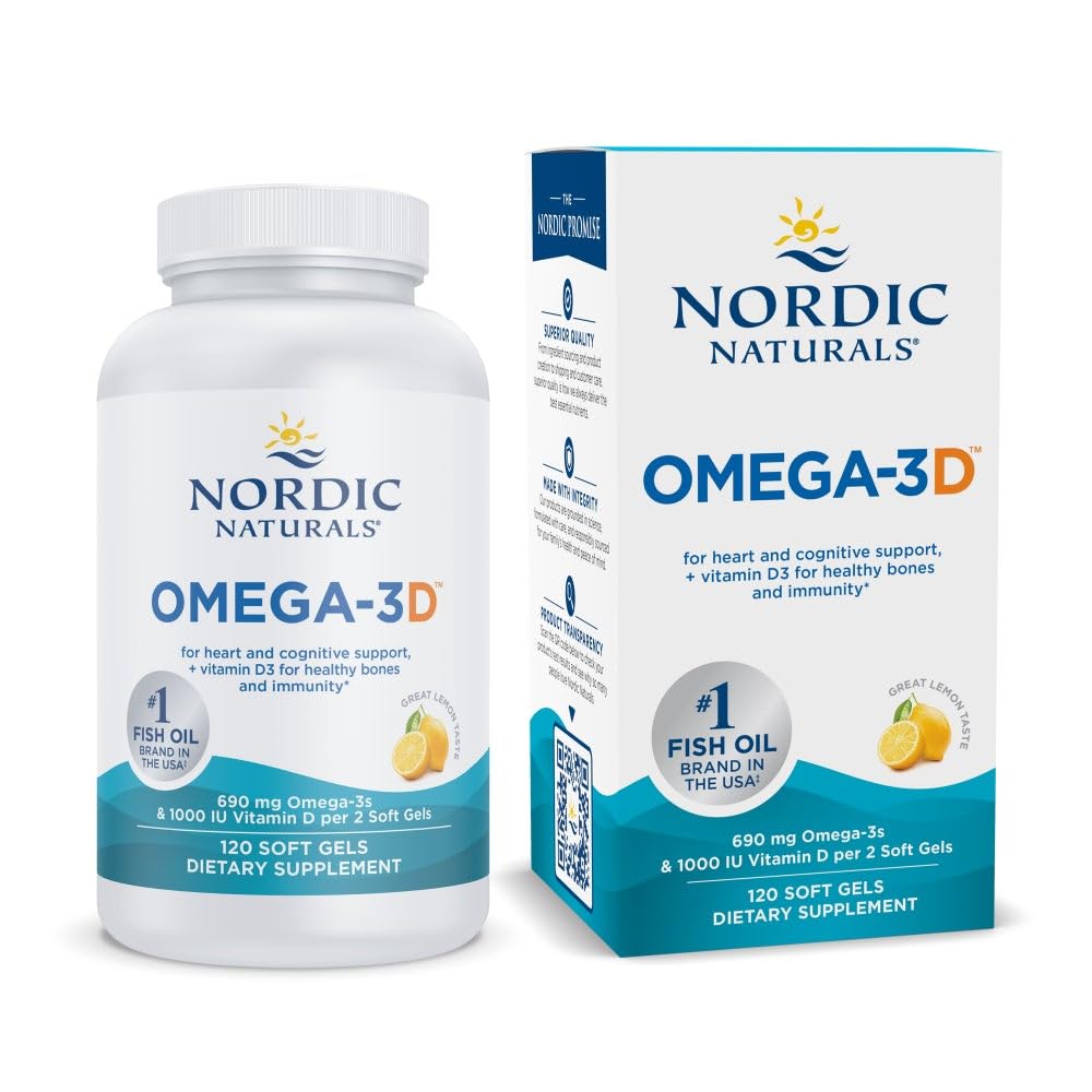 Nordic Naturals Omega-3D, Lemon Flavor - 120 Soft Gels - 690 mg Omega-3 + 1000 IU Vitamin D3 - Fish Oil - EPA & DHA - Immune Support, Brain & Heart Health, Healthy Bones - Non-GMO - 60 Servings Nordic NaturalsAu supplements