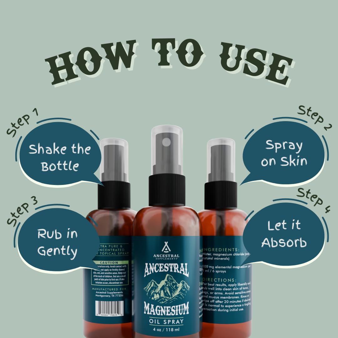 Ancestral Supplements Magnesium Spray, Magnesium for Sleep + Muscle Support, Made with Magnesium Chloride & Natural Minerals, Fast Absorbing Topical Magnesium Oil Supplement for Body Application, 4 oz Ancestral SupplementsAu supplements