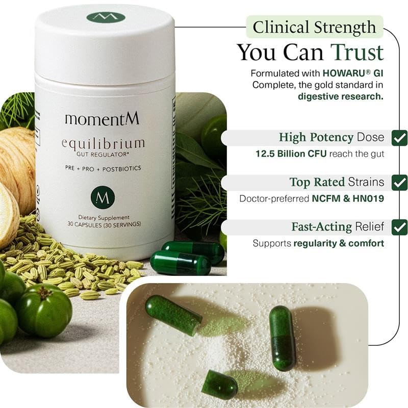 momentM Equilibrium 3-in-1 Probiotics for Women & Men Digestive Health, Prebiotics and Probiotics for Women with HOWARU Strains, Postbiotics & Fennel for Bloat & Gut Health,12.5B CFU, 30 Capsules momentMAu supplements