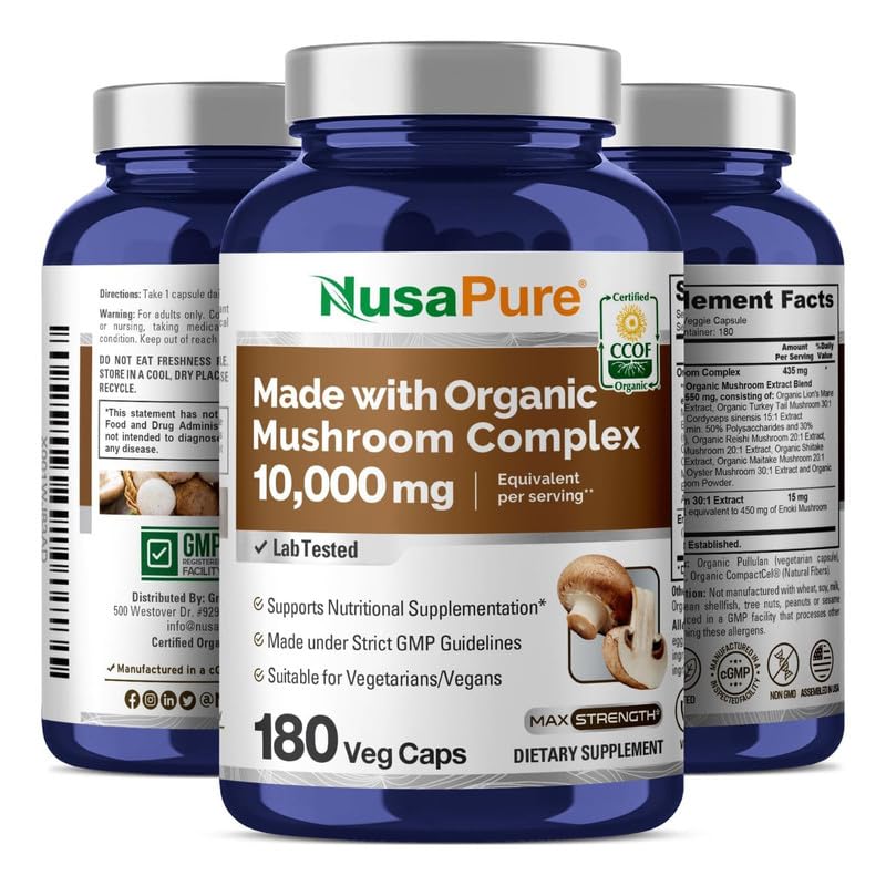 NusaPure Organic Mushroom Complex 10,000mg per Capsule, 180 Veggie Caps, Non-GMO, Enoki, Turkey Tail, Reishi, Chaga, Maitake NusaPureAu supplements