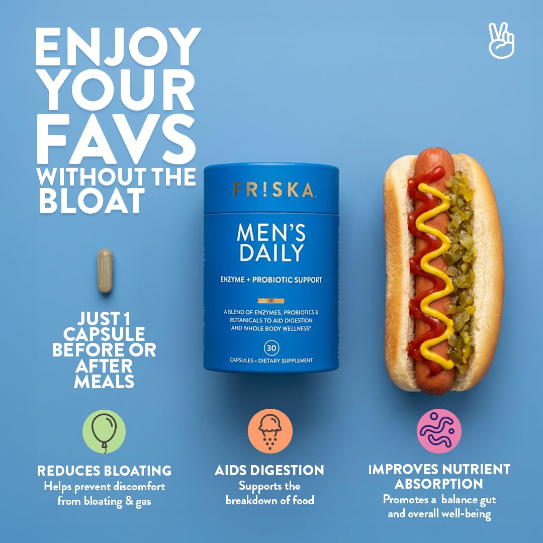 Friska Daily Digestive Enzymes with Probiotics for Men - Helps Break Down Protein, Fat & Carbs, Reduces Bloating & Gas, with Vitamins B6 & B12, 30 Capsules FR!SKAAu supplements