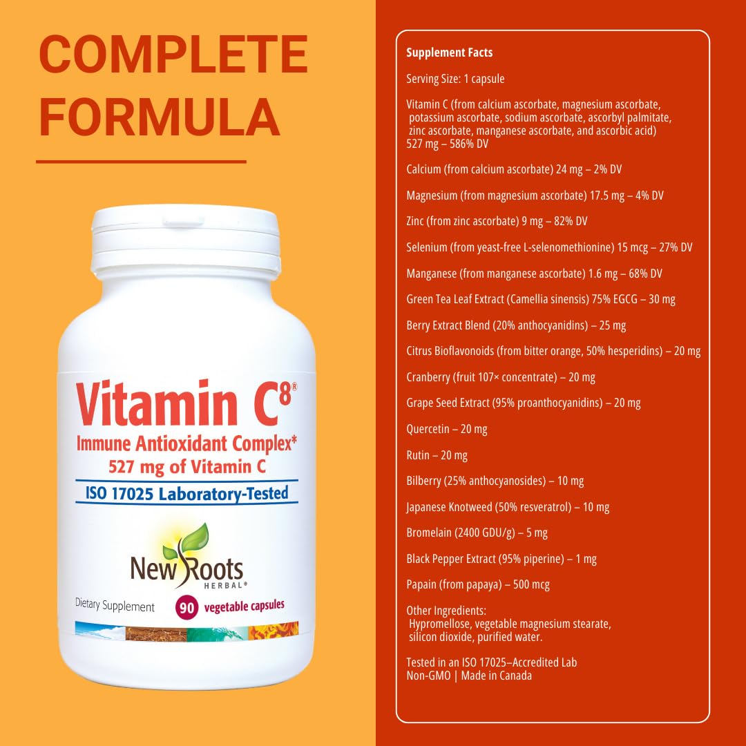 Vitamin C8 + Zinc Supplement for Higest Absorption (90 Capsules) | 527mg per Portion | 8 Buffered Sources of Vitamin C with Bioflavonoids, Green Tea & Quercetin for Stronger Defense | 3 months Supply NEW ROOTS HERBALAu supplements
