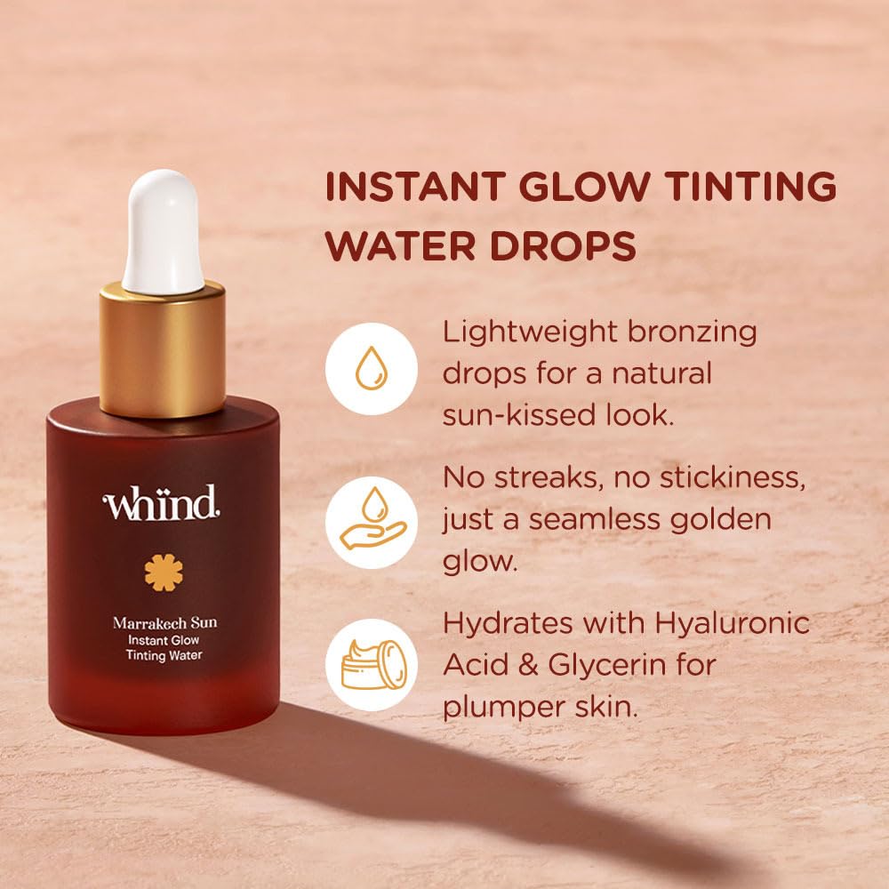 WHIND Marrakech Sun Instant Glow Tinting Water- Self Tanner Face Drops –Bronzing for Face –Lightweight Tanner/Natural Tan- Streak-Free Glow – Tan Drops for Radiant Skin - 1oz / 30ml WHINDAu supplements