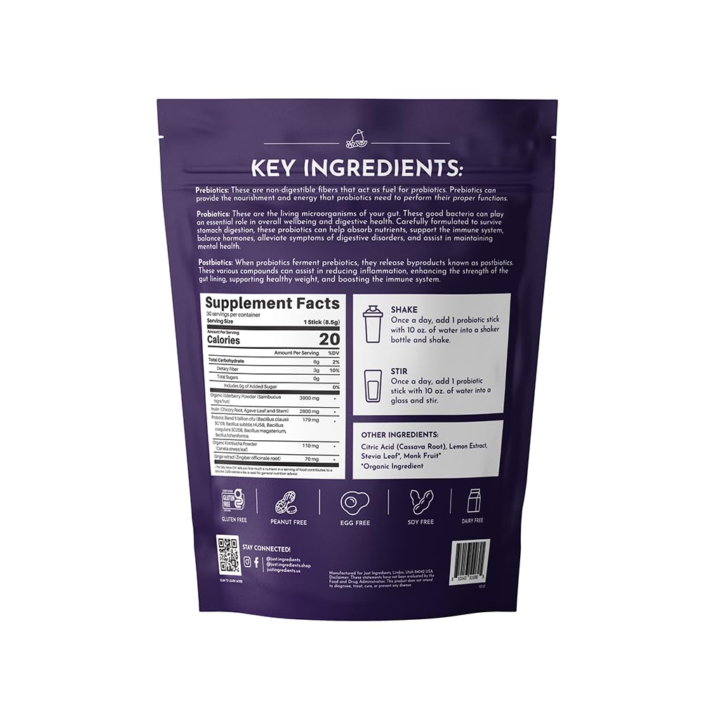 JUST INGREDIENTS Elderberry Lemonade 3-in-1 Probiotic Complex - Prebiotics, Probiotics & Postbiotics - 30 Sticks JUST INGREDIENTSAu supplements