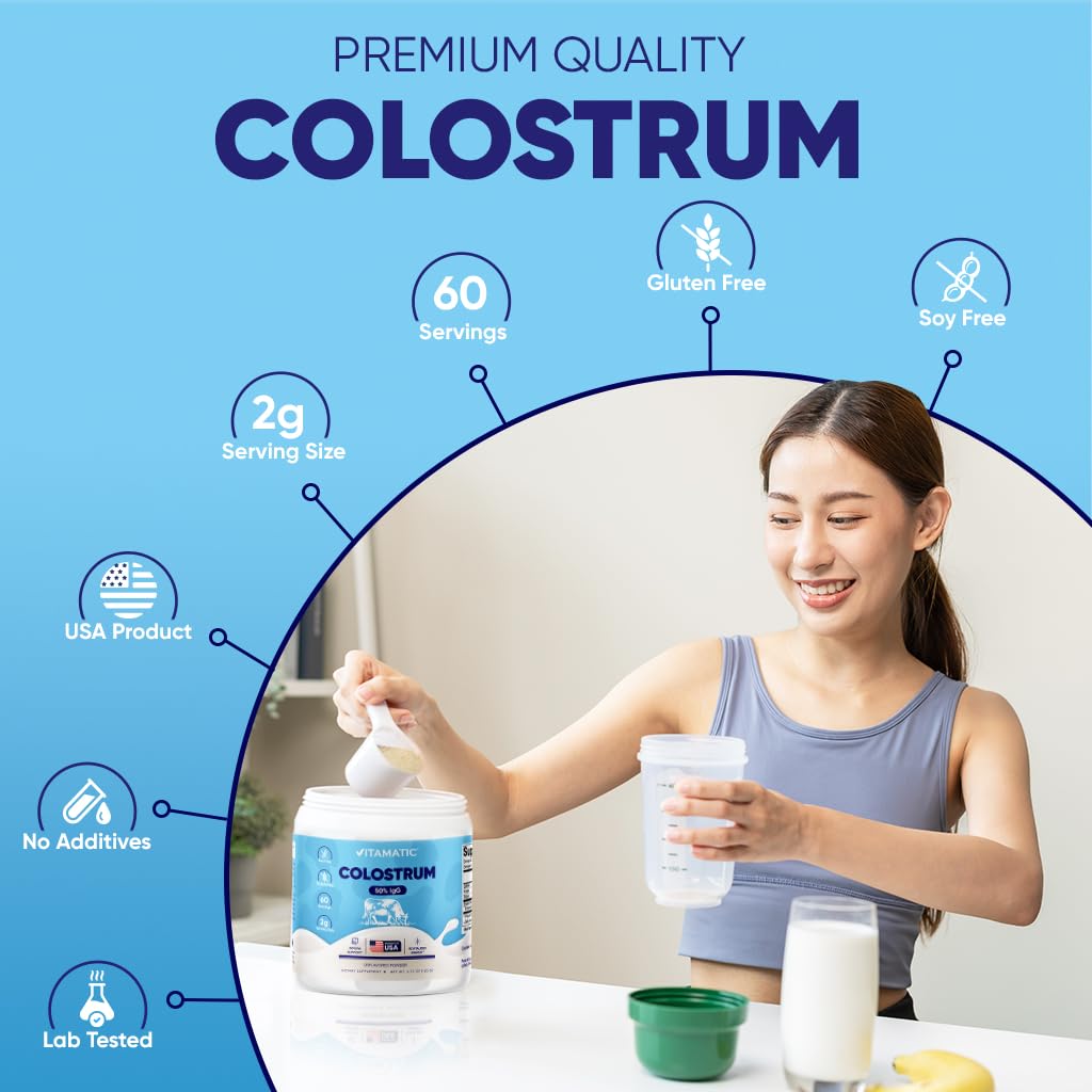Vitamatic Bovine Colostrum Powder - 50% Highest IgG -120 Gram - Supplement for Gut Health, Hair Growth, Beauty, Muscle Recovery, & Immune Support - Easy to Mix - Unflavored - 60 Servings VitamaticAu supplements