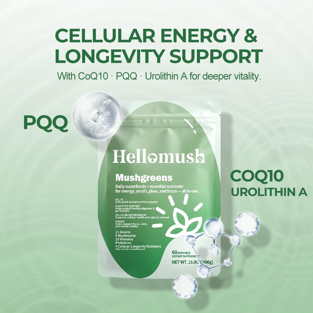 Hellomush Super Greens Powder Superfood, Daily Green Powder Supplement with Probiotics Drink Mix for Men & Women, Blend of Greens, Mushrooms, Vitamins, Probiotics and Cellular Nutrients HellomushAu supplements
