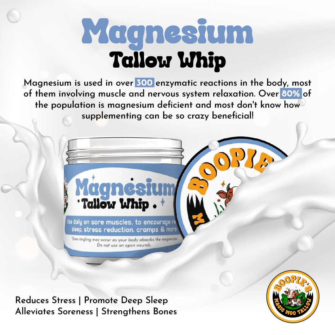 Magic Moo Magnesium Whipped Tallow Skincare for sore muscles, sleep, muscle and period cramps, stress, relaxation & more. Topical magnesium that works. Boopie's Magic Moo TallowAu supplements