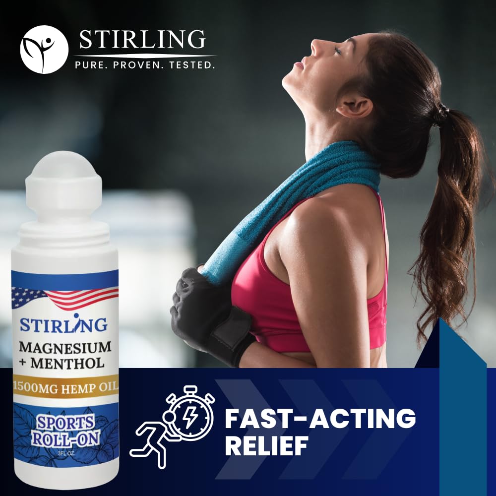 Stirling Menthol Roll On Lotion with Magnesium and 1500mg Pure Hemp - Non-GMO, THC-Free - Fast-Acting Relief for Sore Muscles and Joints, Reduces Swelling and Redness, Promotes Post-Workout Recovery STIRLINGAu supplements
