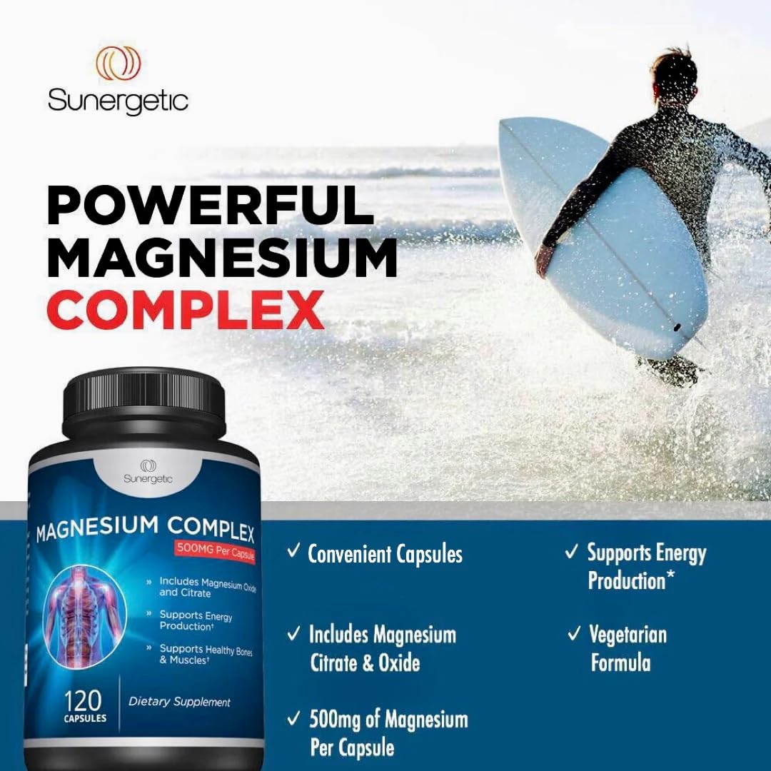 Premium Magnesium Citrate Capsules – Powerful 500mg Magnesium Oxide & Citrate Supplement – Helps Support Healthy Bones, Muscles, Teeth, Energy & Relaxation – 120 Vegetable Capsules SunergeticAu supplements