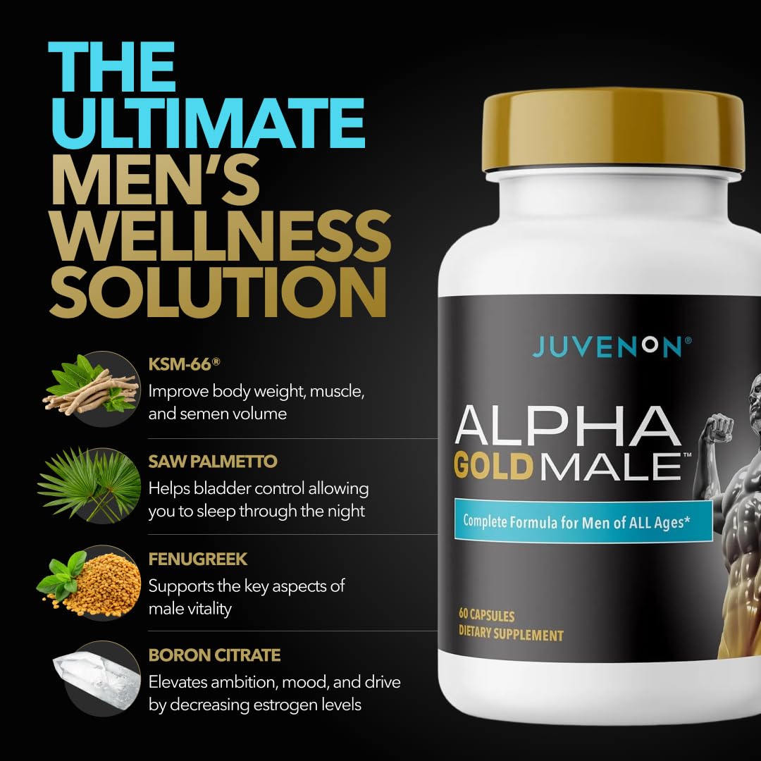 Juvenon Alpha Gold Male Testosterone Booster for Men - T-Support & Male Vitality with KSM-66 Ashwagandha + Fenugreek + Boron Citrate + Saw Palmetto, Non-GMO Vegetarian Capsules JuvenonAu supplements
