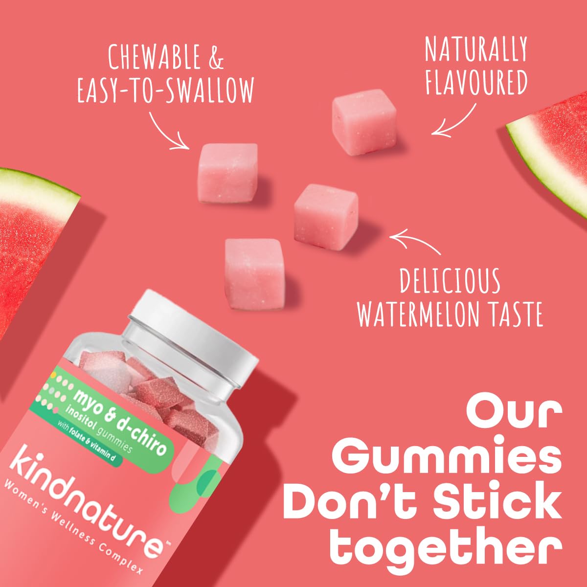 kindnature Myo-Inositol & D-Chiro Inositol Gummies for Women – 2000mg + 50mg, Ideal 40:1 Ratio – with Vitamin D & Folate – Hormone Balance Support – Vegan, Watermelon Flavor (120 Gummies) kindnatureAu supplements