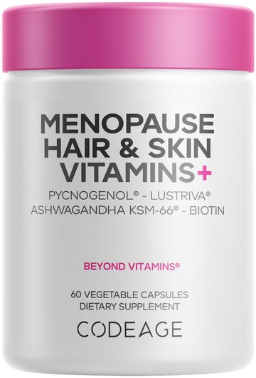Codeage Menopause Hair & Skin Vitamins+ - Patented Lustriva, Pycnogenol, KSM-66 Ashwagandha - Hair Density Skin Perimenopause Support - Menopause Supplement - 10,000 Mcg Biotin, Wild Yam - 60 Capsules CodeageAu supplements