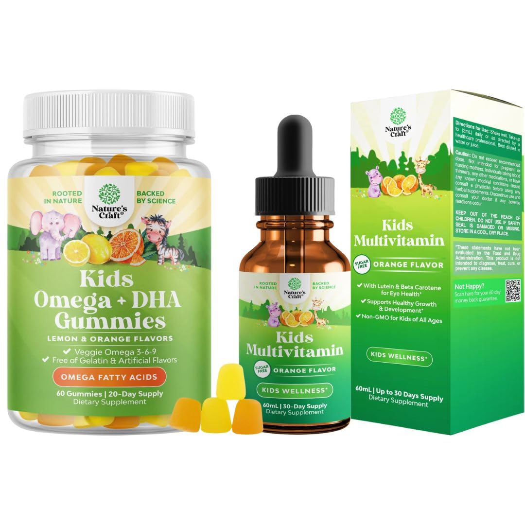 Bundle of Kids DHA Omega 3 Gummies - Fatty Acids Omega 3 6 9 for Brain Immune Strength Vision Focus Support and Liquid Multivitamin for Kids Immunity Support Natures CraftUS supplements
