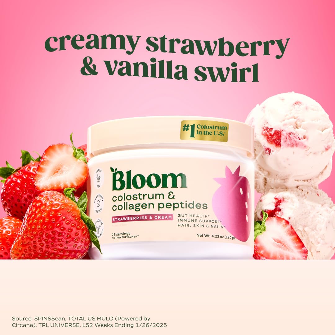 Bloom Nutrition Bovine Colostrum Powder with Vitamin B-12 for Gut Health, Immune Support, Hair Growth & Beauty Supplement | Strawberry, 25 Servings Bloom NutritionAu supplements