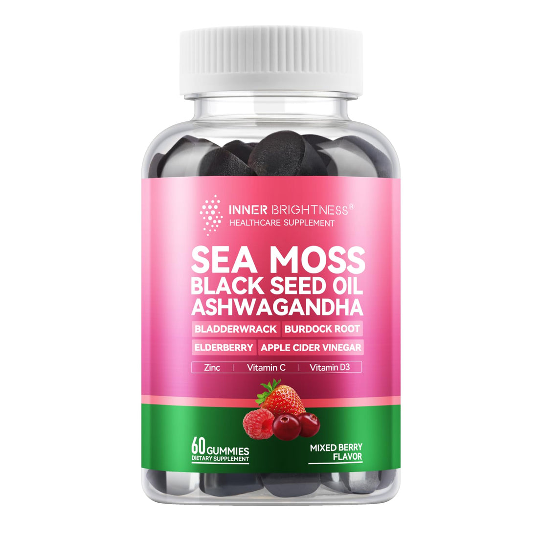 Inner Brightness Sea Moss 4000mg Gummies with Ashwagandha, Elderberry, Apple Cider Vinegar, Bladderwrack, Burdock Root – Immune Support – Mixed Berry Flavor – 60 Count Inner BrightnessAu supplements