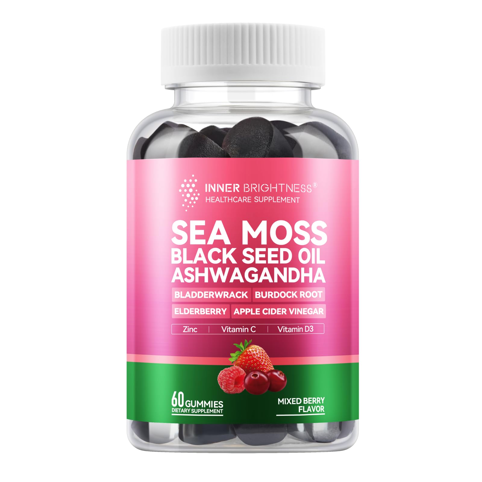 Inner Brightness Sea Moss 4000mg Gummies with Ashwagandha, Elderberry, Apple Cider Vinegar, Bladderwrack, Burdock Root – Immune Support – Mixed Berry Flavor – 60 Count Inner BrightnessAu supplements