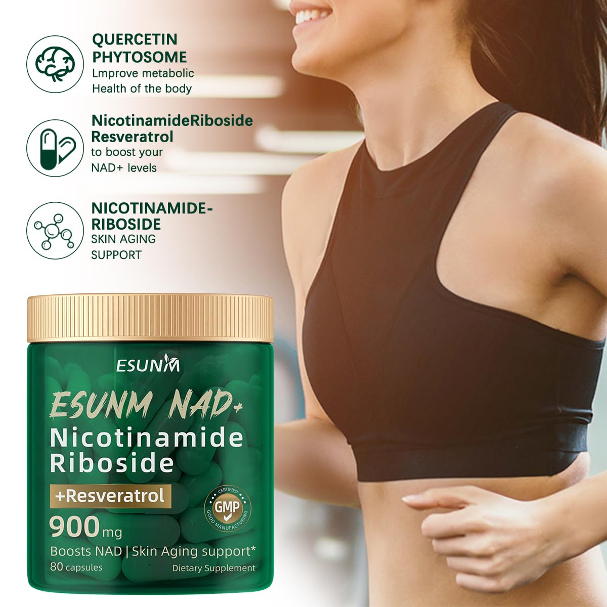 ESUNM Liposomal NAD+ Supplement with Resveratrol, NMN Supplement NAD Resveratrol Support Cellular Health, Stamina & Healthy Aging,Third-Party Tested，80 Capsules ESUNMAu supplements