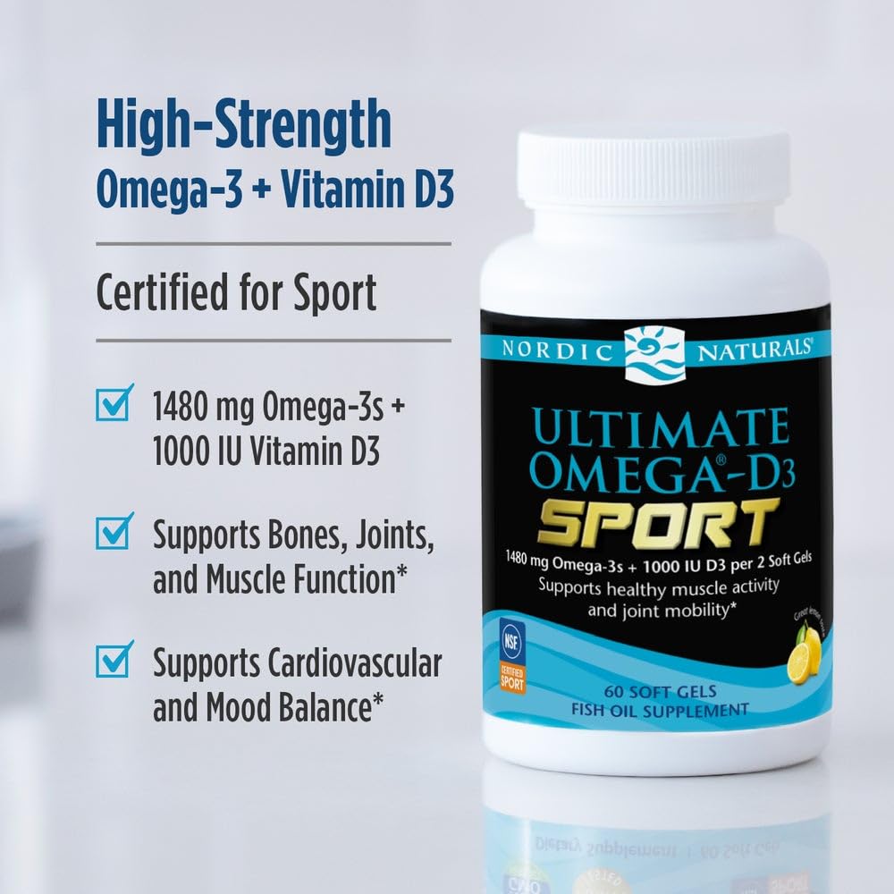 Nordic Naturals Ultimate Omega-D3 Sport, Lemon - 60 Soft Gels - 1480 mg Omega-3 + 1000 IU Vitamin D3 - NSF Certified - Supports Muscle, Bones, Focus & Endurance - 30 Servings Nordic NaturalsAu supplements
