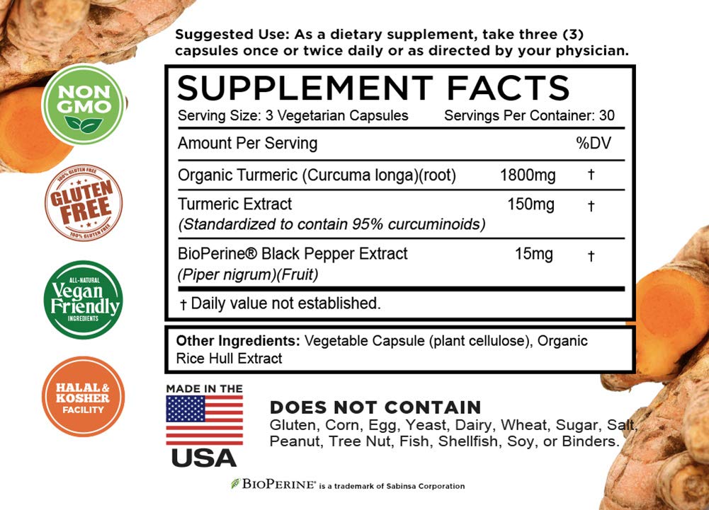 Turmeric Curcumin with BioPerine Black Pepper & 95% Curcuminoids, 1965mg, Maximum Absorption for Joint Support, Non-GMO Turmeric Capsules, FarmHavenUS supplements