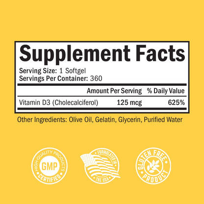 Vitamin D3 5000 IU (125 mcg) Natural Immune Support Supplement, Bone Strength BioSchwartzUS supplements