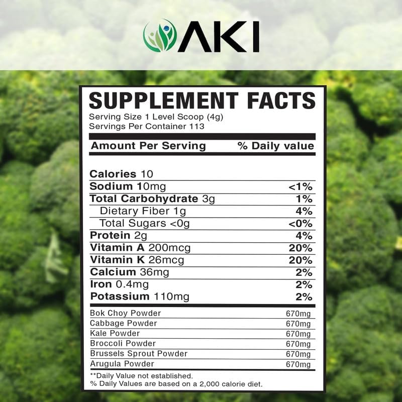 AKI Cruciferous Superfood Green Mix Powder - Made from Kale, Broccoli, Brussels Sprouts, Cabbage - Packed with Essential Phytonutrients & Vitamins ((5.3oz/150g)) AKI ORGANICAu supplements