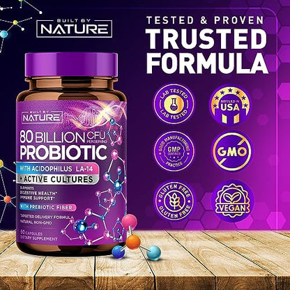 80 Billion CFU Probiotic - Daily Digestive Gut Health Supplement for Men & Women Built by NatureUS supplements