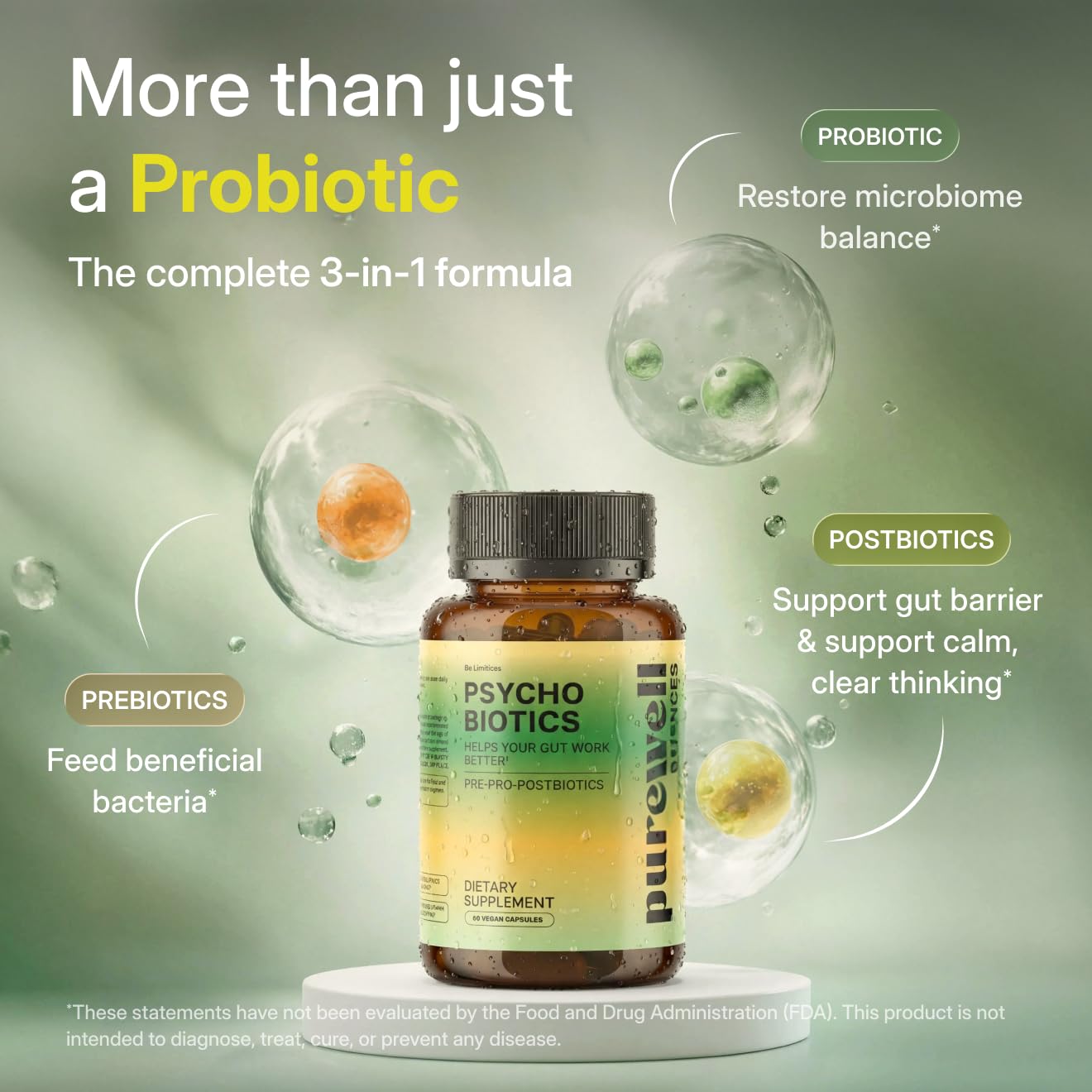 PUREWELL SCIENCES Psychobiotics – Advanced 3-in-1 Probiotic Prebiotic Postbiotic Supplement for Gut and Mood Support - 60 Vegan Probiotic Capsules – 50 Billion CFU – 1-Month Supply PUREWELL SCIENCESAu supplements