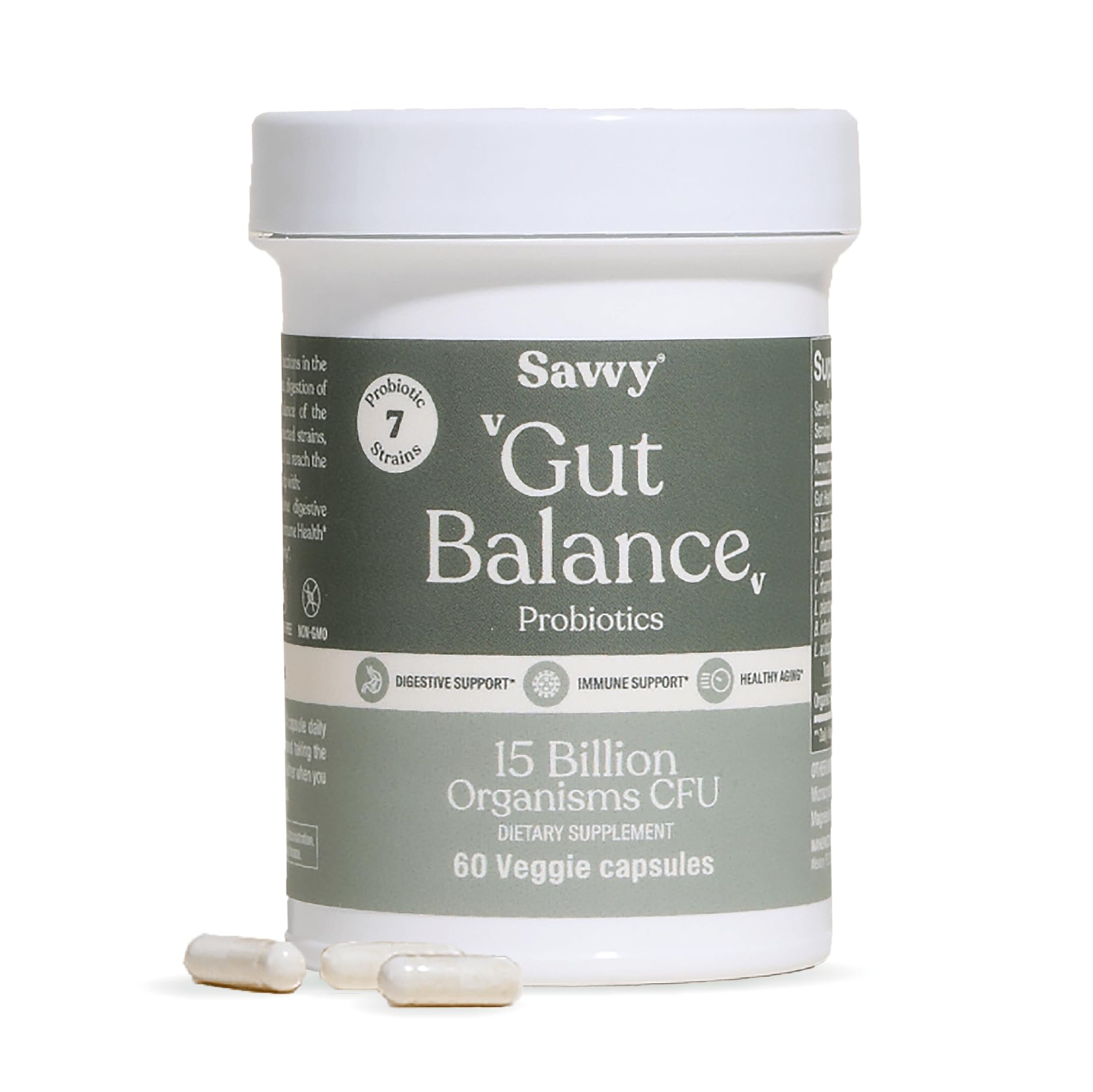 SAVVY Gut Balance Probiotics for Women & Men, 15 Billion CFU, 7 Clinically Studied Strains, Digestive Health, Immune Support, Bloating Relief, 60 Vegan Capsules, Non GMO, Sugar-Free SAVVYAu supplements