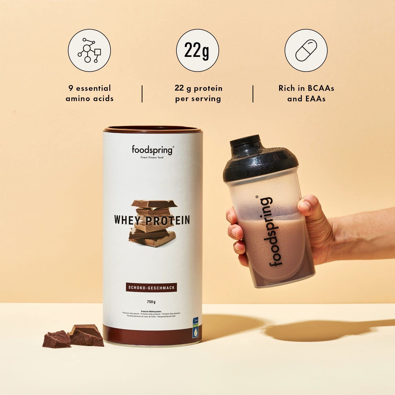 foodspring Whey Protein Powder Chocolate – with 22g Protein for Muscle Building, Perfect Solubility foodspringAu supplements