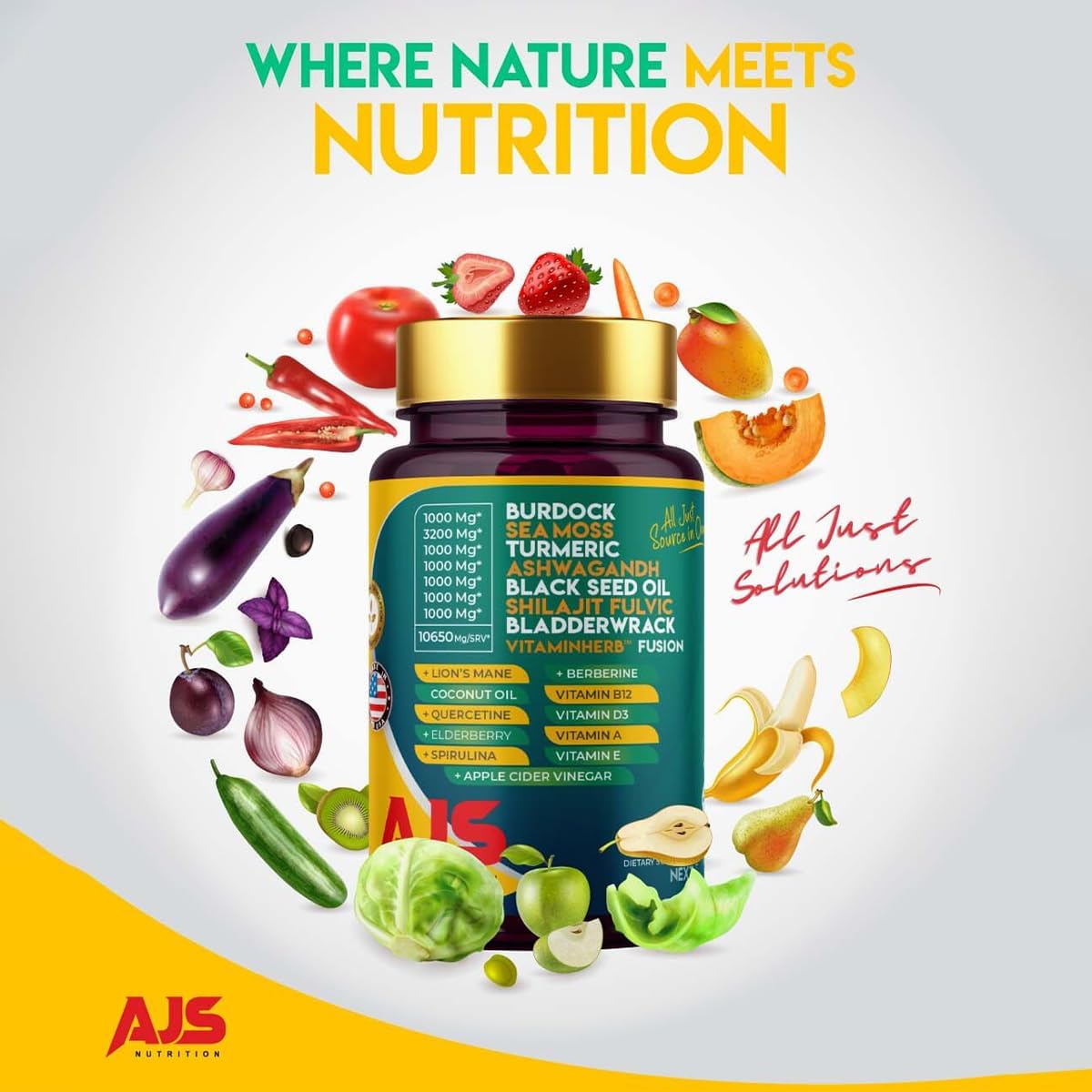 AJS Sea Moss Capsules 3200mg, Himalayan Shilajit 1000mg with Black Seed Oil, Ashwagandha, Turmeric, Bladderwrack, Burdock, Vitamins, Berberine, Lion’s Mane Mushroom, Elderberry- 90 Caps AJS NutritionAu supplements
