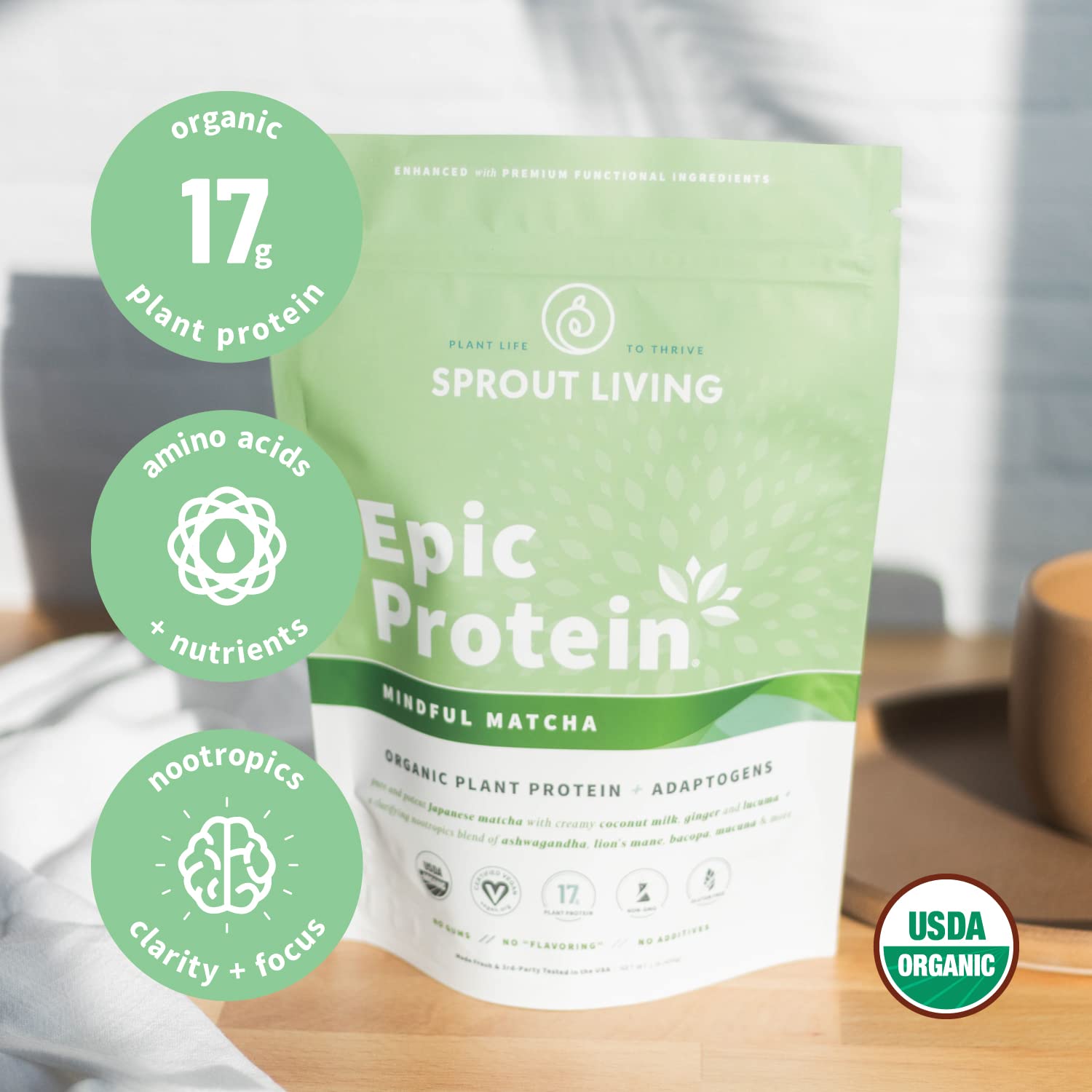 Sprout Living Epic Protein, Plant Based Protein & Superfoods Powder, Mindful Matcha Sprout LivingUS supplements