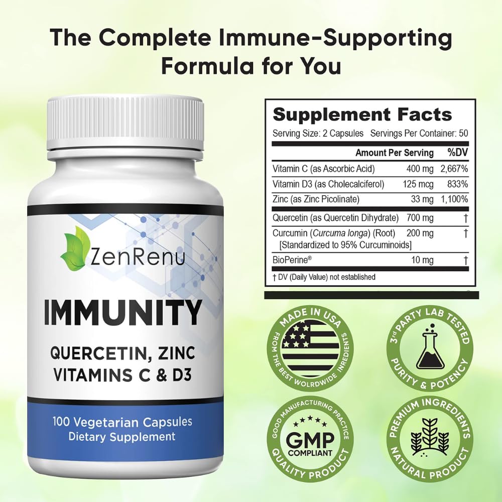 Zenrenu Immunity Quercetin 700 mg Zinc Vitamin C Vitamin D Immune Support Supplement with Curcumin - Easy to Absorb Immunity Supplement, 100 Vegetarian Capsules 50 Day Supply ZenrenuAu supplements