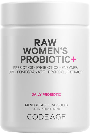 Codeage Raw Women’s Probiotic+ Supplement - 34 Probiotic Strains, 100 Billion CFUs, Digestive Enzymes, Prebiotic Blend, DIM, Herbal Extracts, Phytonutrients - Non-GMO - 30 Capsules CodeageAu supplements