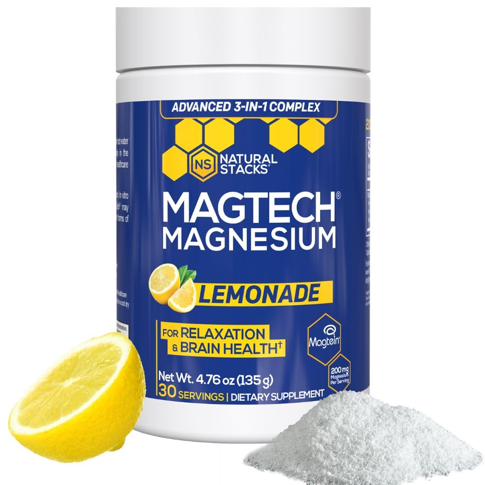Magtein Magnesium L-Threonate, Glycinate & Taurate - MagTech Magnesium Powder - Sugar Free Lemonade Drink - 200mg Chelated Triple Complex - Supports Relaxation & Brain Health* - 30 Servings NATURAL STACKSAu supplements