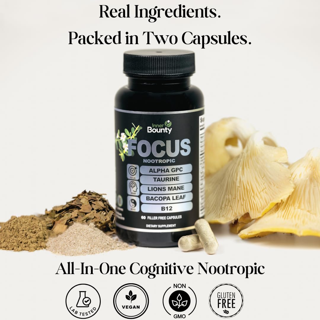 Inner Bounty Focus 14-in-1 Nootropic Brain Supplement with Lions Mane, Alpha GPC Choline, Vitamin C & B12, Taurine, Bacopa - Energy, Cognitive, Memory Support, 60 Filler Free Capsules Inner BountyAu supplements