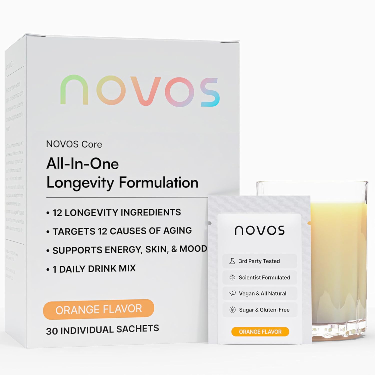 Novos Core Clinical Longevity Mix | Anti-Aging Supplement Drink Mix for Men & Women | Magnesium, L-Theanine, Fisetin and More | Supports Energy, Mood, Sleep & Cognition | Orange Flavor (30 Servings) NovosAu supplements