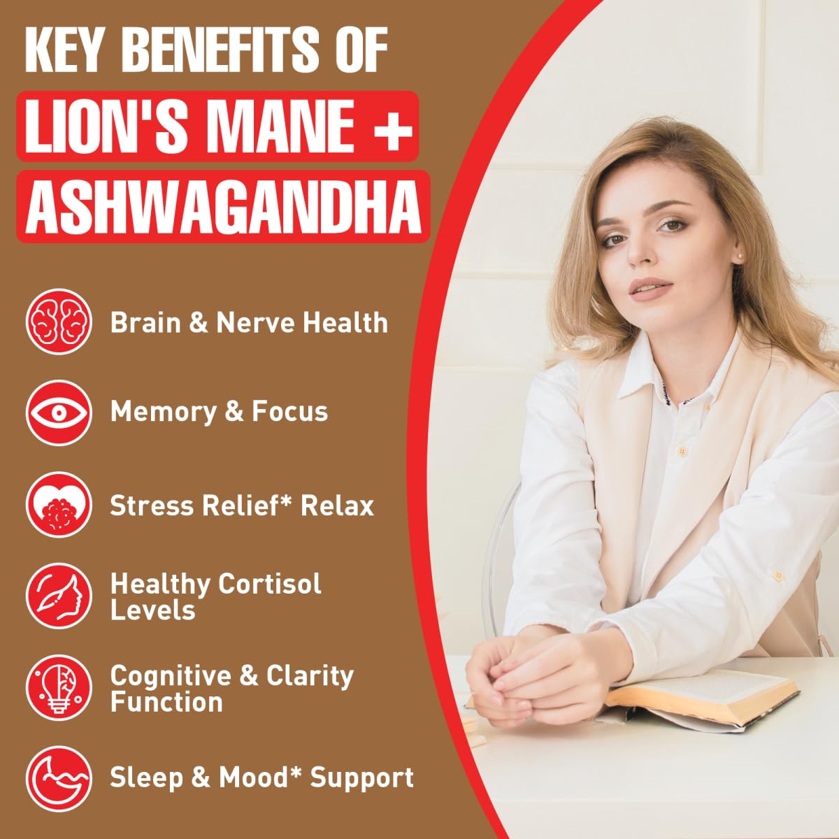 Ashwagandha & Lions Mane Supplements Capsules, Brain Supplements for Memory and Focus, Ashwagandha with Rhodiola Rosea for Cognitive, Immune Support, Cortisol Supplements for Women, 90 Capsules ZylvraxAu supplements