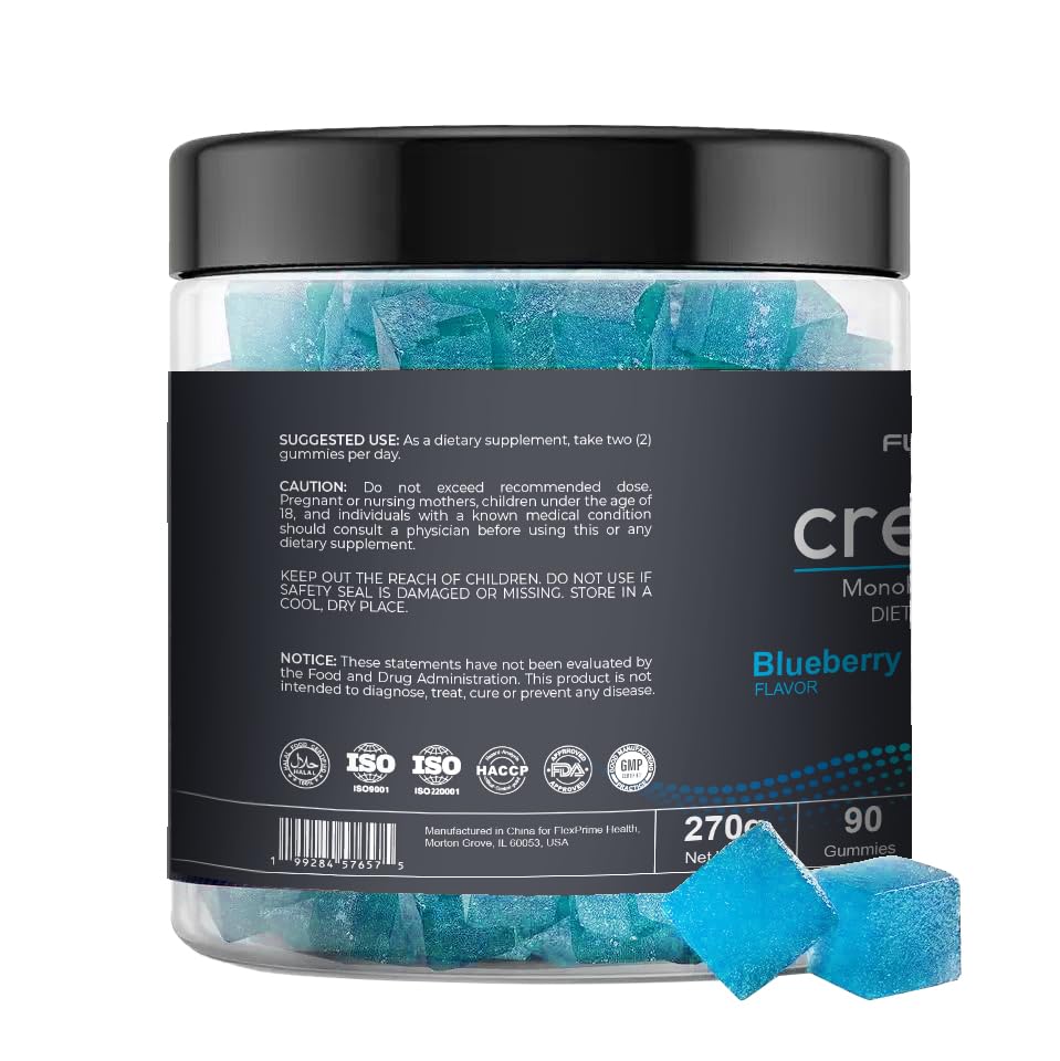 FlexPrime Creatine Gummies Sugar Free - 6g Creatine Monohydrate + L-Taurine, Alpha GPC, Betaine | Vegan Halal Blueberry Chews for Lean Muscle, Strength, Brain Health | Men Women 90 Count FlexPrimeAu supplements