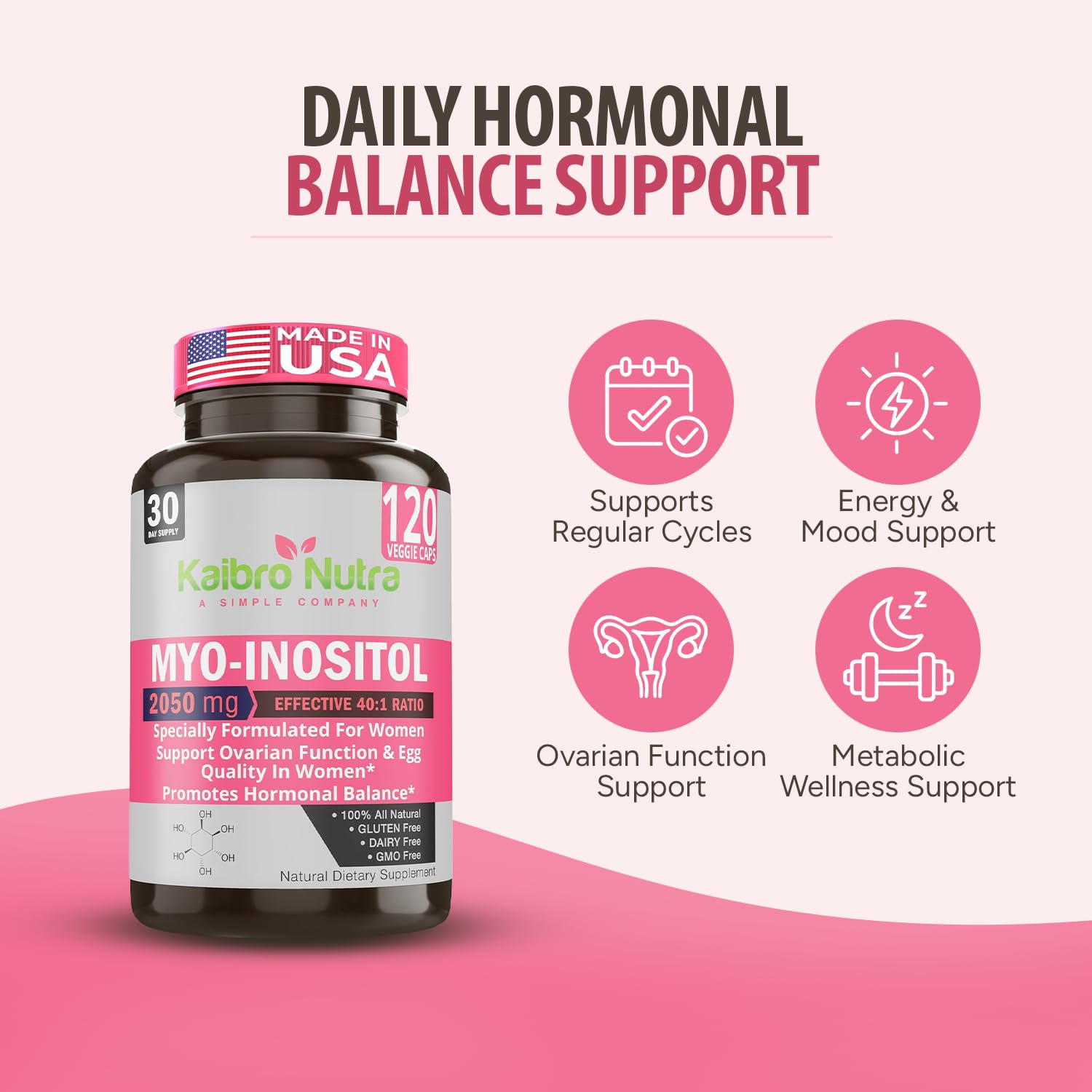 Kaibro Nutra Myo-Inositol Supplement, Myo-Inositol & D-Chiro Inositol 40:1 Ratio, Hormone Balance & Ovarian Support for Women with Vitamin B8, 2050mg, Vegan, Non-GMO Capsules 120 Count Kaibro NutraAu supplements