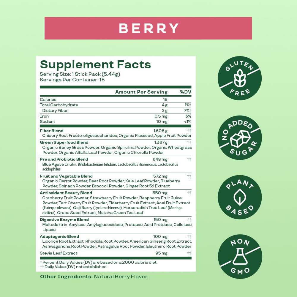 Bloom Nutrition Super Greens Powder Smoothie Mix, 15 Stick Packs - Probiotics Bloom NutritionUS supplements